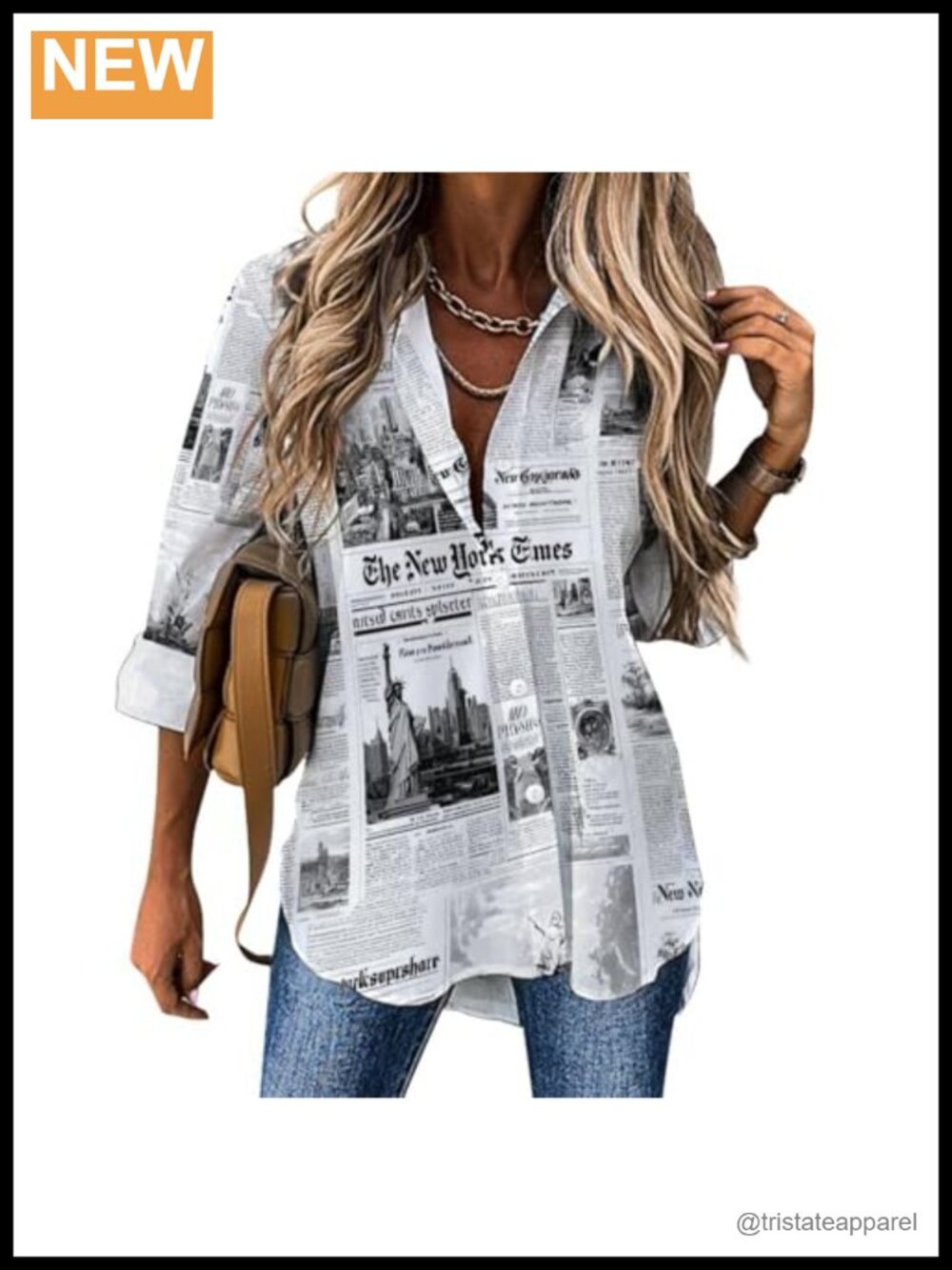 Newspaper Print Button Down Long Sleeve Shirt Irregular Hem V Neck Blouse